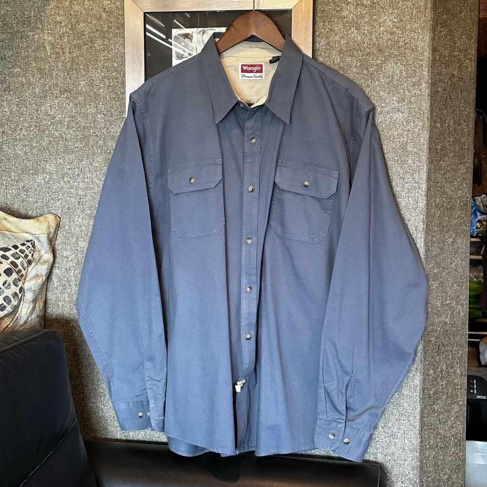 Wrangler Workwear Button-Up Shirt Size XL Men Blue Heavy-Duty Cotton Relaxed Fit